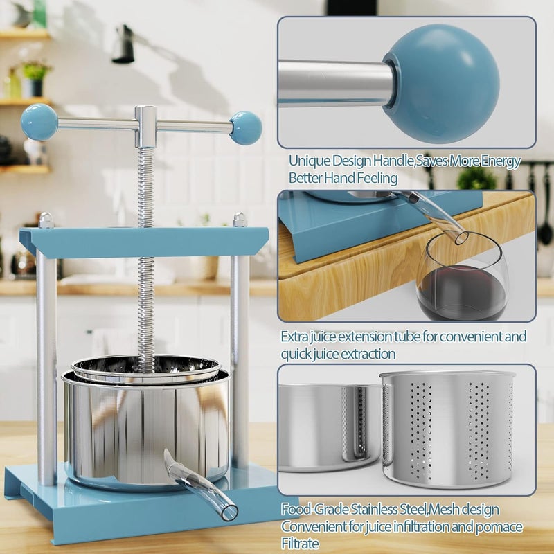 SQUEEZE master Cheese Tincture Herb Fruit Wine Manual Press -0.53Gallon/ 2 Litre-Power Ball Handle-Stainless Steel & Iron for Juice, Cider,Wine,Olive Oil-Blue - Image 3